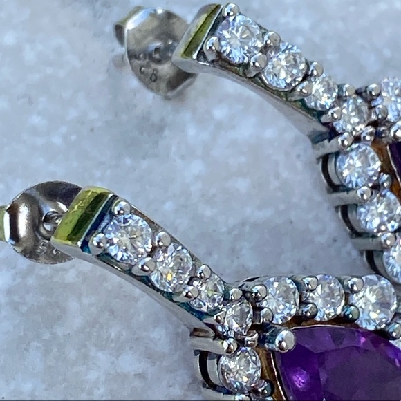 Amethyst .925 Sterling Silver earrings surrounded with white Cz - Picture 3 of 9
